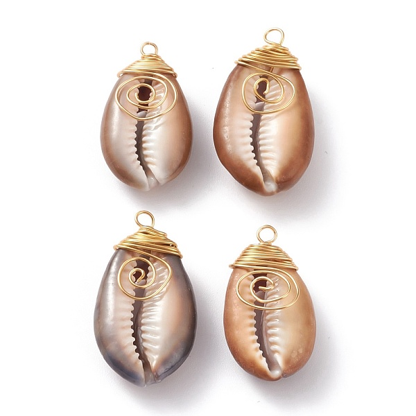 PandaHall Natural Cowrie Shell Wire Wrapped Pendants, with Eco-Friendly Golden Copper Wire, for Jewelry Making, Camel...