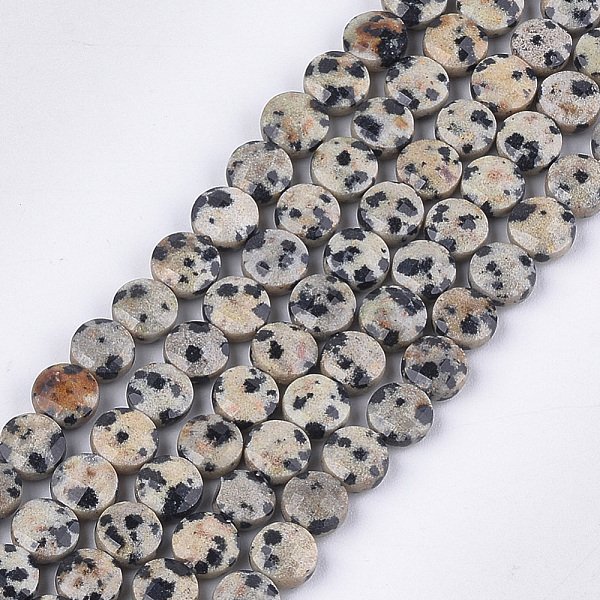 PandaHall Natural Dalmatian Jasper Beads Strands, Faceted, Flat Round, 6~6.5x3.5mm, Hole: 0.8mm, about 59~60pcs/strand, 14.9''~15.1''...