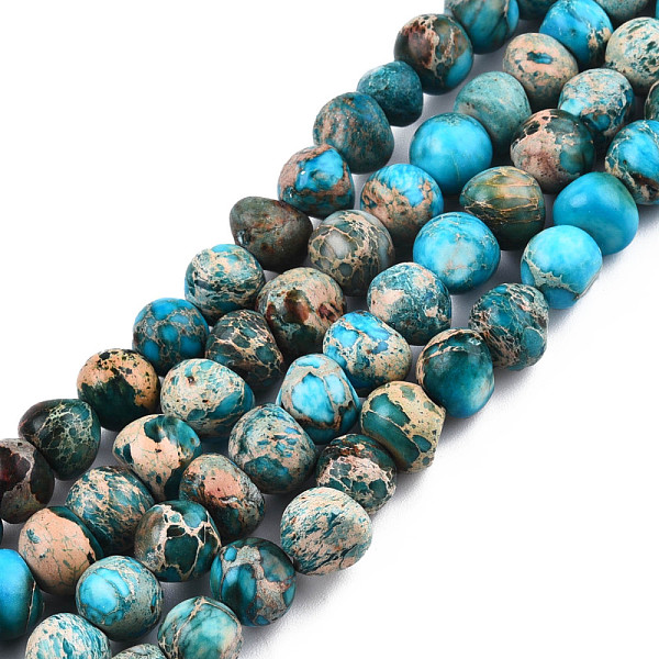 PandaHall Natural Imperial Jasper Beads Strands, Dyed, Round, Deep Sky Blue, 5~10x5~10x4~8mm, Hole: 1mm, about 49~51pcs/strand, 15.3 inch...