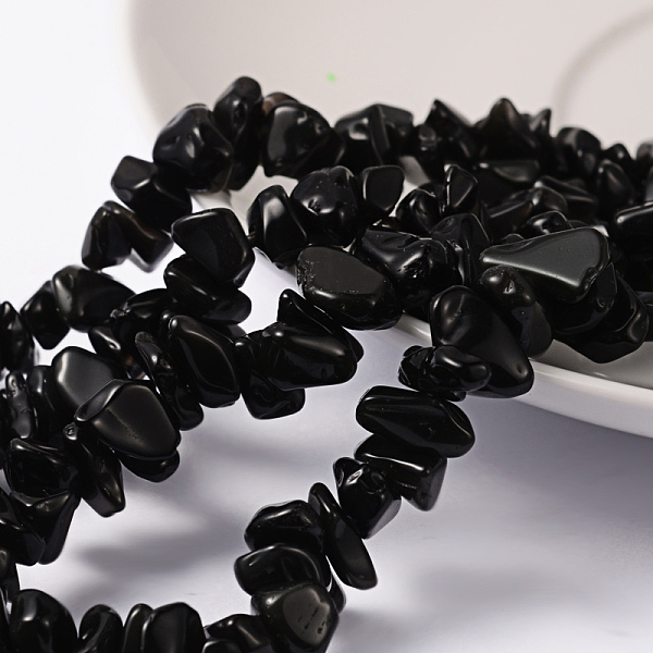 PandaHall Natural Obsidian Beads Strands, Chip, Black, 5~8mm, Hole: 0.5mm, about 31~32 inch Obsidian Chip