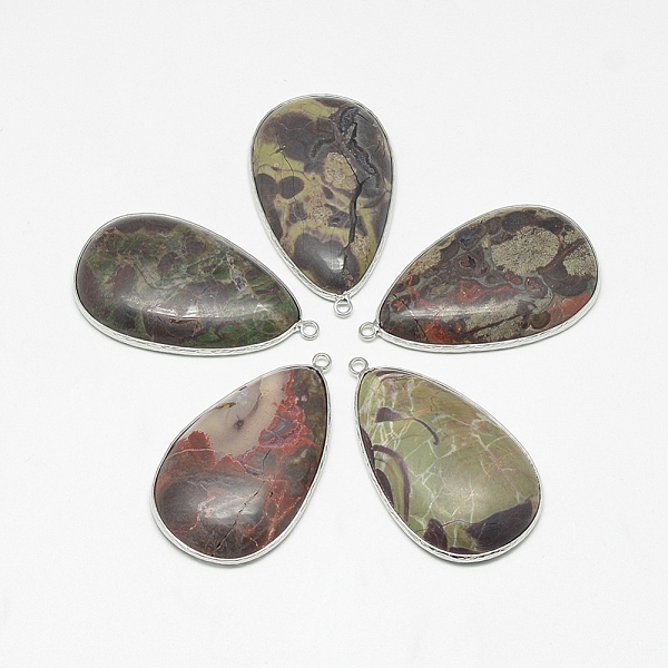 PandaHall Natural Ocean Jasper Big Pendants, with Brass Findings, teardrop, 53~54x31~32x7~8mm, Hole: 1~2mm Ocean Jasper Teardrop