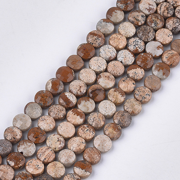 PandaHall Natural Picture Jasper Beads Strands, Faceted, Flat Round, 6~6.5x3.5mm, Hole: 0.8mm, about 59~60pcs/strand, 14.9''~15.1'' Picture...