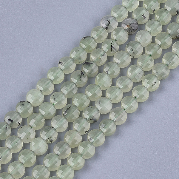 PandaHall Natural Prehnite Beads Strands, Faceted, Flat Round, 6~6.5x3.5mm, Hole: 0.8mm, about 59~60pcs/strand, 14.9''~15.1'' Prehnite Flat...