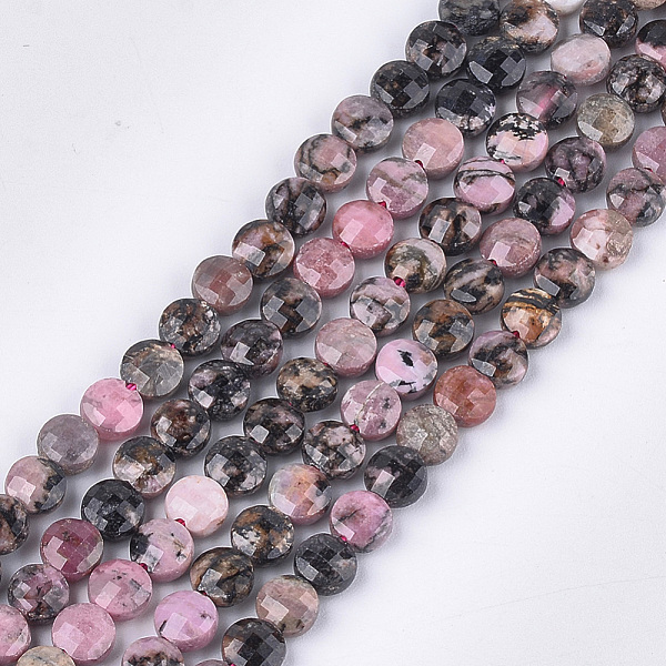 PandaHall Natural Rhodonite Beads Strands, Faceted, Flat Round, 6~6.5x3.5mm, Hole: 0.8mm, about 59~60pcs/strand, 14.9''~15.1'' Rhodonite...