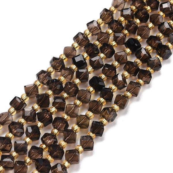 PandaHall Natural Smoky Quartz Beads Strands, with Seed Beads, Faceted, Diagonal Cube Beads, 5~6x5~6x4~5mm, Hole: 1mm, about 49~55pcs/strand...