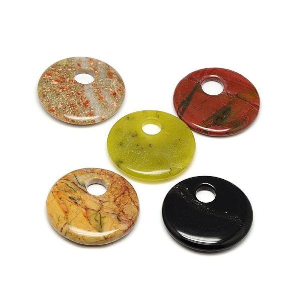 PandaHall Natural & Synthetic Mixed Stone Flat Round Pendants, 49~50x6~10mm, Hole: 10~12mm Mixed Stone Flat Round