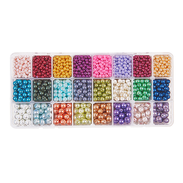 PandaHall Pearlized Glass Beads, Round, Mixed Color, 21.8x11x3cm Glass Round Multicolor