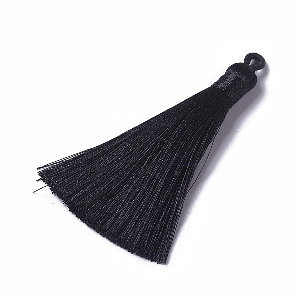 PandaHall Polyester Tassel Pendants, Black, 78~82x8mm, Hole: 2~4mm Polyester Black