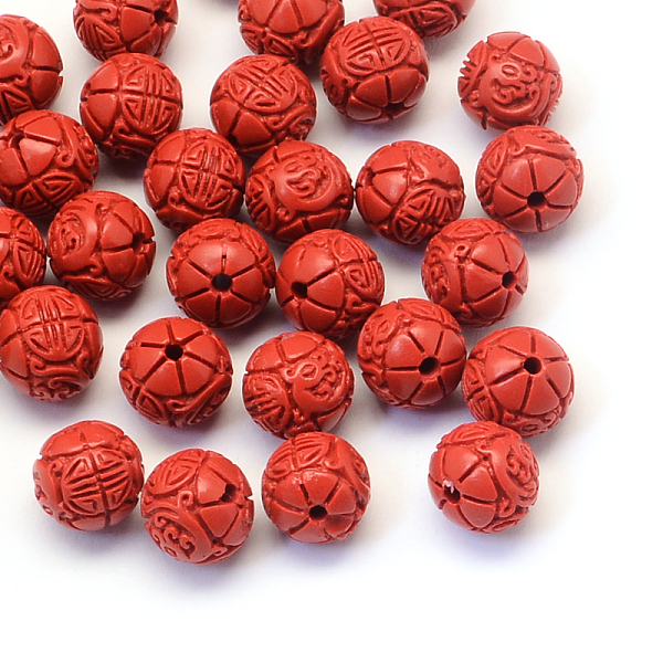 PandaHall Round/Flower Bud Cinnabar Beads, FireBrick, 11~12x11mm, Hole: 2mm Cinnabar Round Red