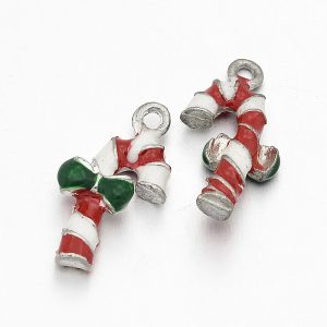 PandaHall Silver Color Plated Alloy Enamel Pendants, Candy Cane for Christmas Day, Colorful, 23x13x5mm, Hole: 2mm Alloy+Enamel Others