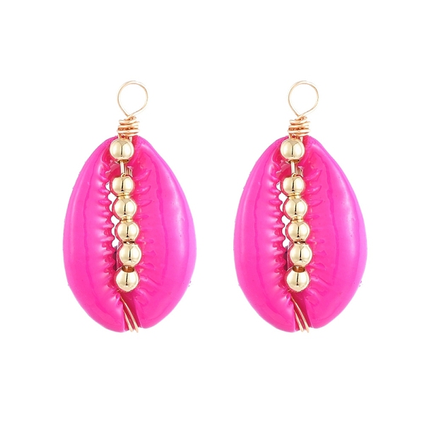 PandaHall Spray Paint Cowrie Shell Pendants, with Brass Beads and Copper Wire, Golden, Fuchsia, 20~25x13~16x5~11mm, Hole: 2.5mm Cowrie Shell...