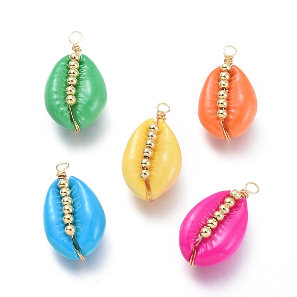 PandaHall Spray Paint Cowrie Shell Pendants, with Brass Beads and Copper Wire, Golden, Mixed Color, 27x15x9.2mm, Hole: 2.5mm Cowrie Shell...