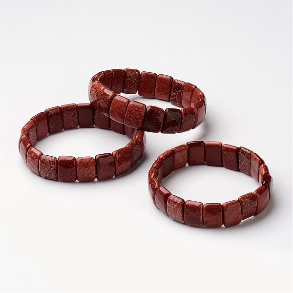 PandaHall Synthetic Goldstone Beaded Stretch Bracelets, Faceted, Rectangle, 2 inch~2-1/4 inch(53~58mm) Goldstone