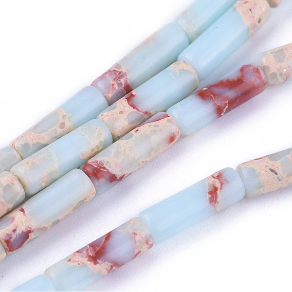 PandaHall Synthetic Imperial Jasper Beads Strands, Dyed, Column, Light Blue, 13~15x4.5mm, Hole: 1mm, about 28~29pcs/strand...