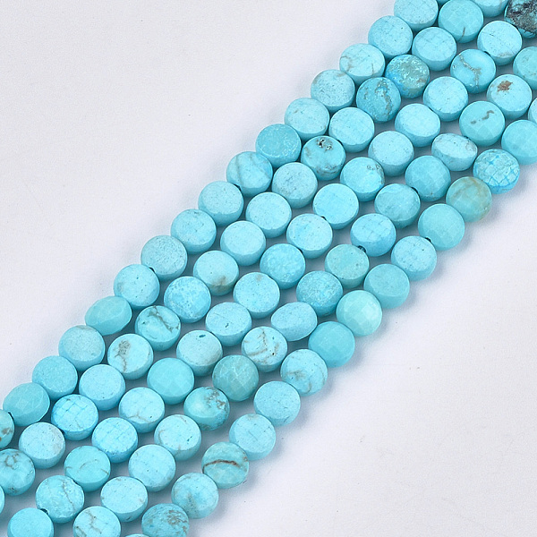 PandaHall Synthetic Turquoise Beads Strands, Faceted, Flat Round, 6~6.5x3.5mm, Hole: 0.8mm, about 59~60pcs/strand, 14.9''~15.1'' Synthetic...