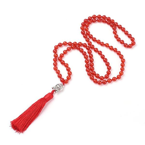 PandaHall Tassel Pendant Necklaces, with Natural Carnelian Beads, Buddha Head, 31.1''~33''(79~84cm) Carnelian