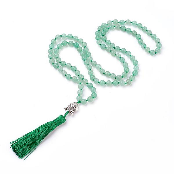 PandaHall Tassel Pendant Necklaces, with Natural Green Aventurine Beads, Buddha Head, 31.1''~33''(79~84cm) Green Aventurine