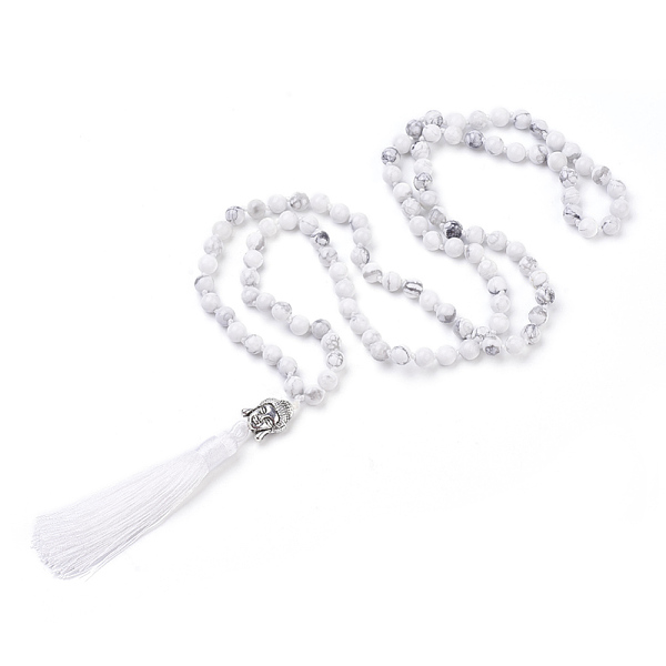 PandaHall Tassel Pendant Necklaces, with Natural Howlite Beads, Buddha Head, 31.1 inch~33 inch(79~84cm) Howlite