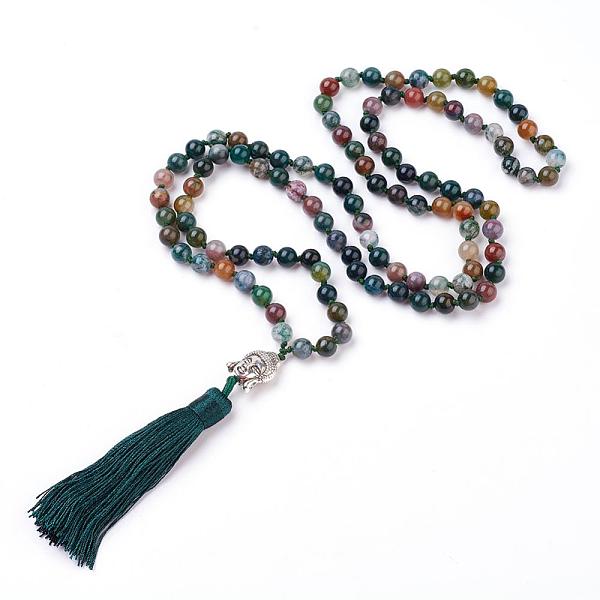 PandaHall Tassel Pendant Necklaces, with Natural Indian Agate Beads, Buddha Head, 31.1''~33''(79~84cm) Indian Agate