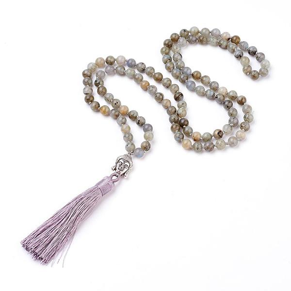 PandaHall Tassel Pendant Necklaces, with Natural Labradorite Beads, Buddha Head, 31.1''~33''(79~84cm) Labradorite