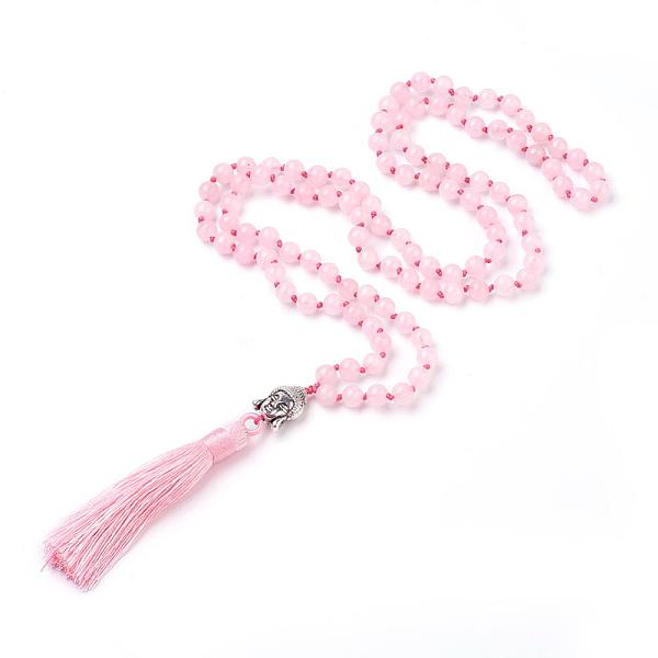 PandaHall Tassel Pendant Necklaces, with Natural Rose Quartz Beads, Buddha Head, 31.1''~33''(79~84cm) Rose Quartz