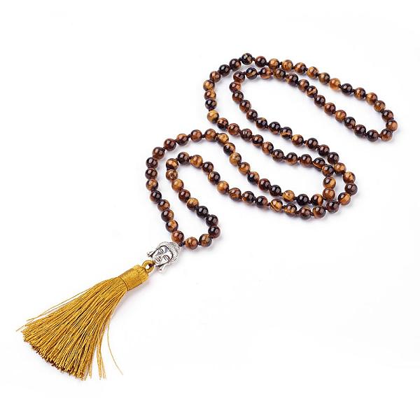 PandaHall Tassel Pendant Necklaces, with Natural Tiger Eye Beads, Buddha Head, 31.1''~33''(79~84cm) Tiger Eye