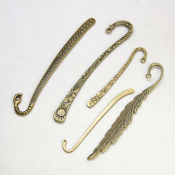 PandaHall Tibetan Style Bookmarks, Mixed Shape, Antique Bronze, about 15~24mm wide, 79~122mm long, 2~4mm thick, hole: 2~3mm Alloy