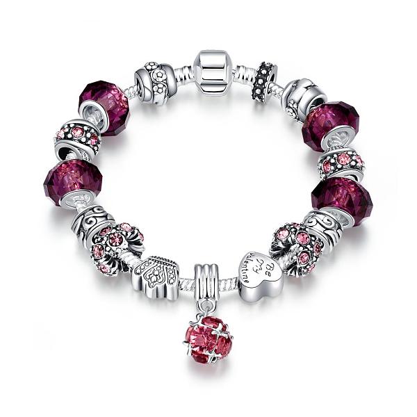 PandaHall Tin Alloy Rhinestone and Glass European Charm Bracelets, Purple, Silver, 7-7/8 inch(20cm) Glass Purple