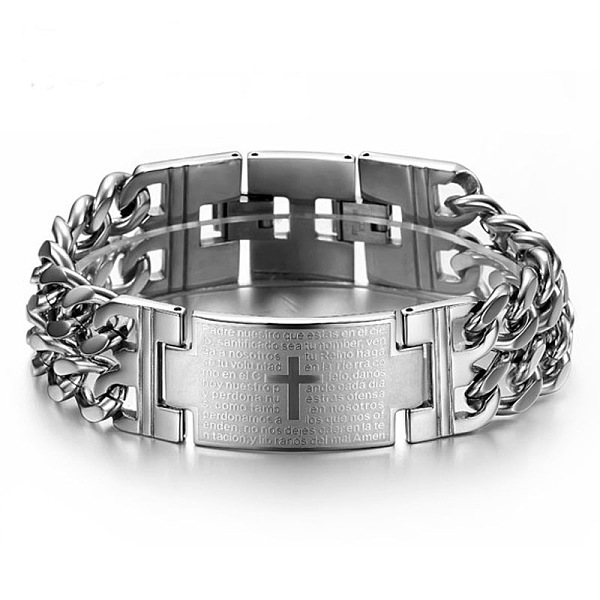 PandaHall Titanium Steel Rectangle with Holy Writ Link Bracelet for Men Women, Stainless Steel Color, 8-1/4 inch~8-5/8 inch(21~22cm)...