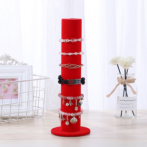 PandaHall Velvet Vertical Tower Jewelry Bracelet Display Stand, T-Bar Display Holder, Scrunchie Hair Band Holder, Red, 10.6x30.8cm Velvet...