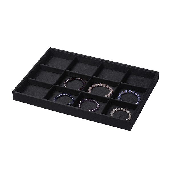 PandaHall Wood Bracelet Displays, Rectangle, 12 Grids Jewelry Bracelet/Bangle/Watch Display Tray, Cover with Cloth, Black, 35x24x3cm Cloth...