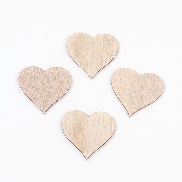 PandaHall Wood Cabochons, Laser Cut Wood Shapes, Heart, BurlyWood, 49~49.5x52x2.5mm Wood Heart Orange