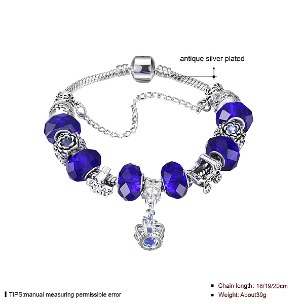 PandaHall Zinc Alloy European Bracelets, with Glass Beads & Crown Charm, Blue, Antique Silver, 7-7/8 inch(200mm) Glass Blue