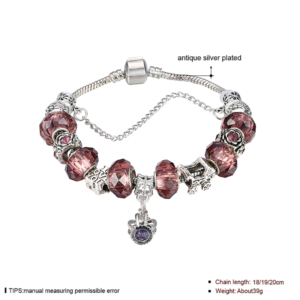 PandaHall Zinc Alloy European Bracelets, with Glass Beads & Crown Charm, Rosy Brown, Antique Silver, 7-7/8 inch(200mm) Glass Brown