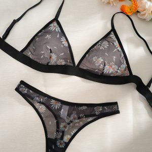 Sexy Floral Print Semi Sheer Mesh Bra & Panty, Plunge Cami Bra & Thong Lingerie Set, Women's Lingerie & Underwear