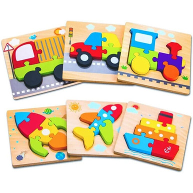 SKYFIELD 6-Piece Wooden Vehicle Puzzles – Montessori Learning (Assorted)