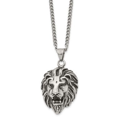 Stainless Steel Antiqued and Polished 24-inch Lion Head Necklace