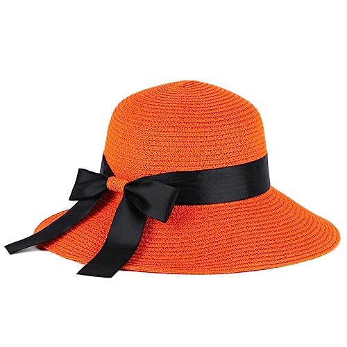 Sun Straw Hat for Women with Wind Lanyard Wide Brim Foldable Beach Summer Hats Womens UV 50+ Protection Bowknot Cap One Size Orange