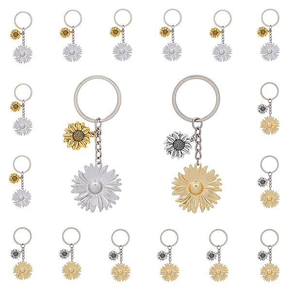 SUPERFINDINGS 16Pcs 2 Colors Sunflower Alloy Pendant Keychain