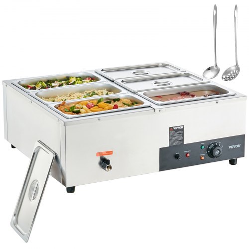 VEVOR 6-Pan Commercial Food Warmer, 6 x 8QT Electric Steam Table, 1500W Professional Countertop Stainless Steel Buffet Bain Marie with 86-185°F Temp C