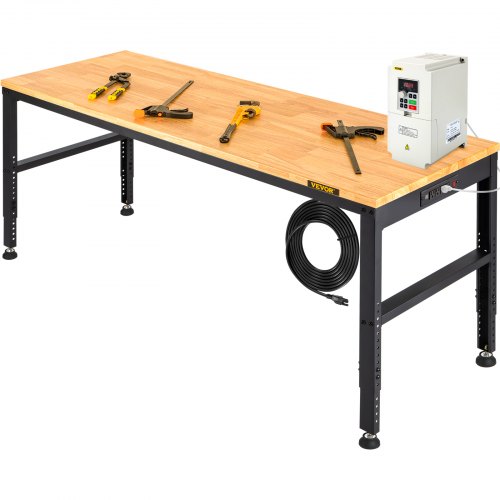 VEVOR Workbench Adjustable Height, 61" x 20" Garage Table w/ 27.1" - 36" Heights & 2000 LBS Load Capacity, with Power Outlets & Hardwood Top & Metal F