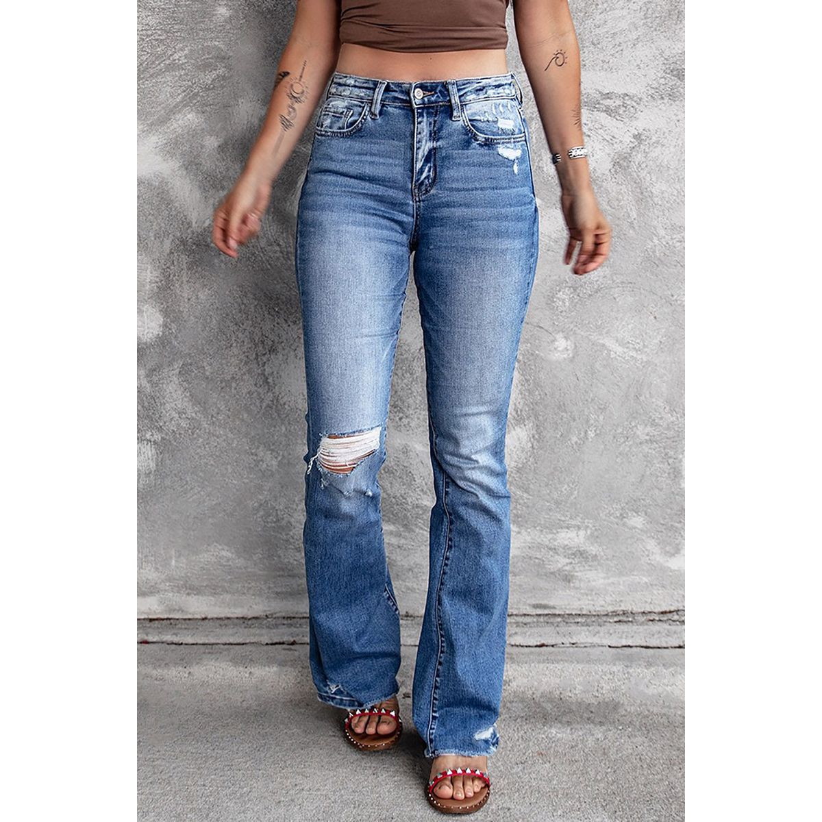 Women's Angelina Distressed Flare Jeans - Blue / 12 / 70%Cotton+28%Polyester+2%Elastane