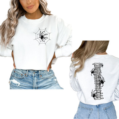 Women's Halloween Sweatshirt, Spider Web and Spiders on Spine - Small