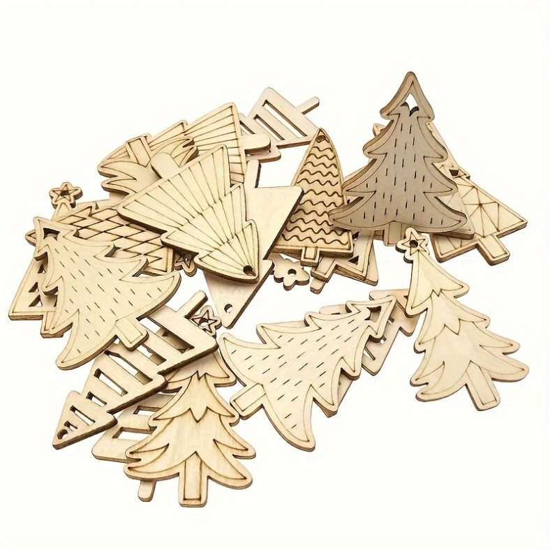 25pcs Assorted Christmas Tree Ornaments Set, Diy Unfinished Wooden Slice Decorations For Painting, Art Projects, And Hanging Accessories – Manufactured Wood, Use
