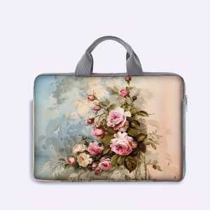 Floral Print Laptop Sleeve For 14 Inch Notebook - Polyester Basic Zippered Computer Case For College, Office, Daily Commute With Fixed Shoulder Strap - Unlined, No Accessory, Random Printing Design