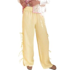 FQFGGYD Pants for Women Summer Y2K Wide Leg Pants Casual Cargo Pants Plaid Pajamas Side Strap Tie Baggy Pants Sweatpants