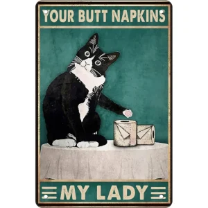 Funny Black Cat Decorative Sign Metal Gothic Medieval Tuxedo Bathroom Wall Art Poster Retro