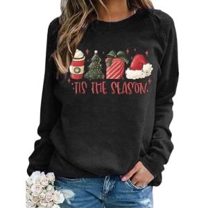 Fuyxxmer Tis The Season Sweatshirts for Women Christmas Sweatshirts Xmas Tree Hat Graphic Gift Pullover Blouse Tops Black- Small
