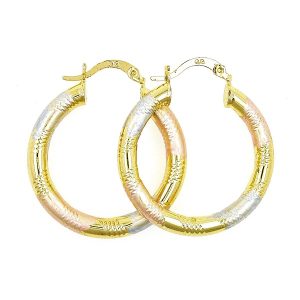 Gold Medium Hoop Earrings - 3-Color Oval Diamond Cut