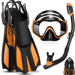 Odoland Snorkel Set, Adults Kid Snorkeling Packages with Dry Top Diving Mask, Adjustable Swim Fins, Mesh Bag, Anti-Fog Anti-Leak Snorkeling Gear for M